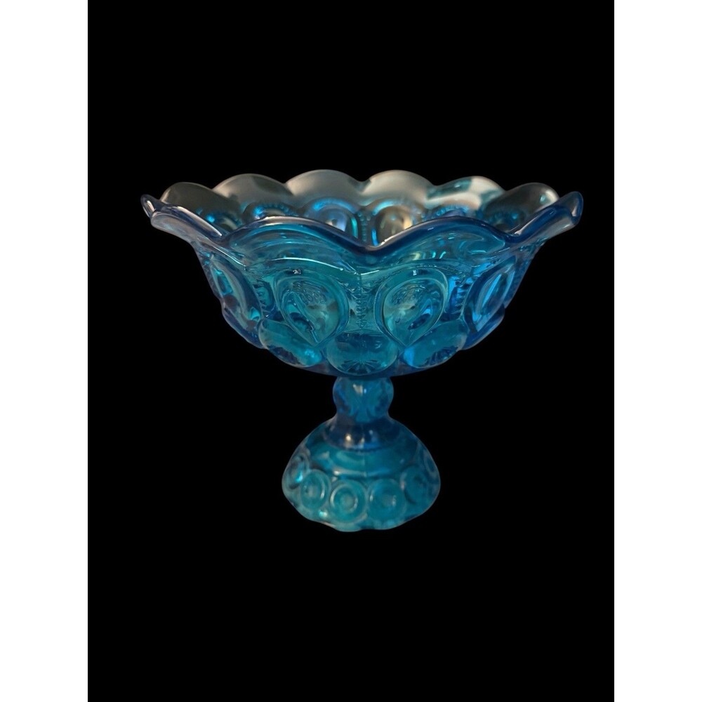 Vtg LE Smith Glass Moon & Stars Colonial Blue Scalloped Flared Edge Compote Bowl